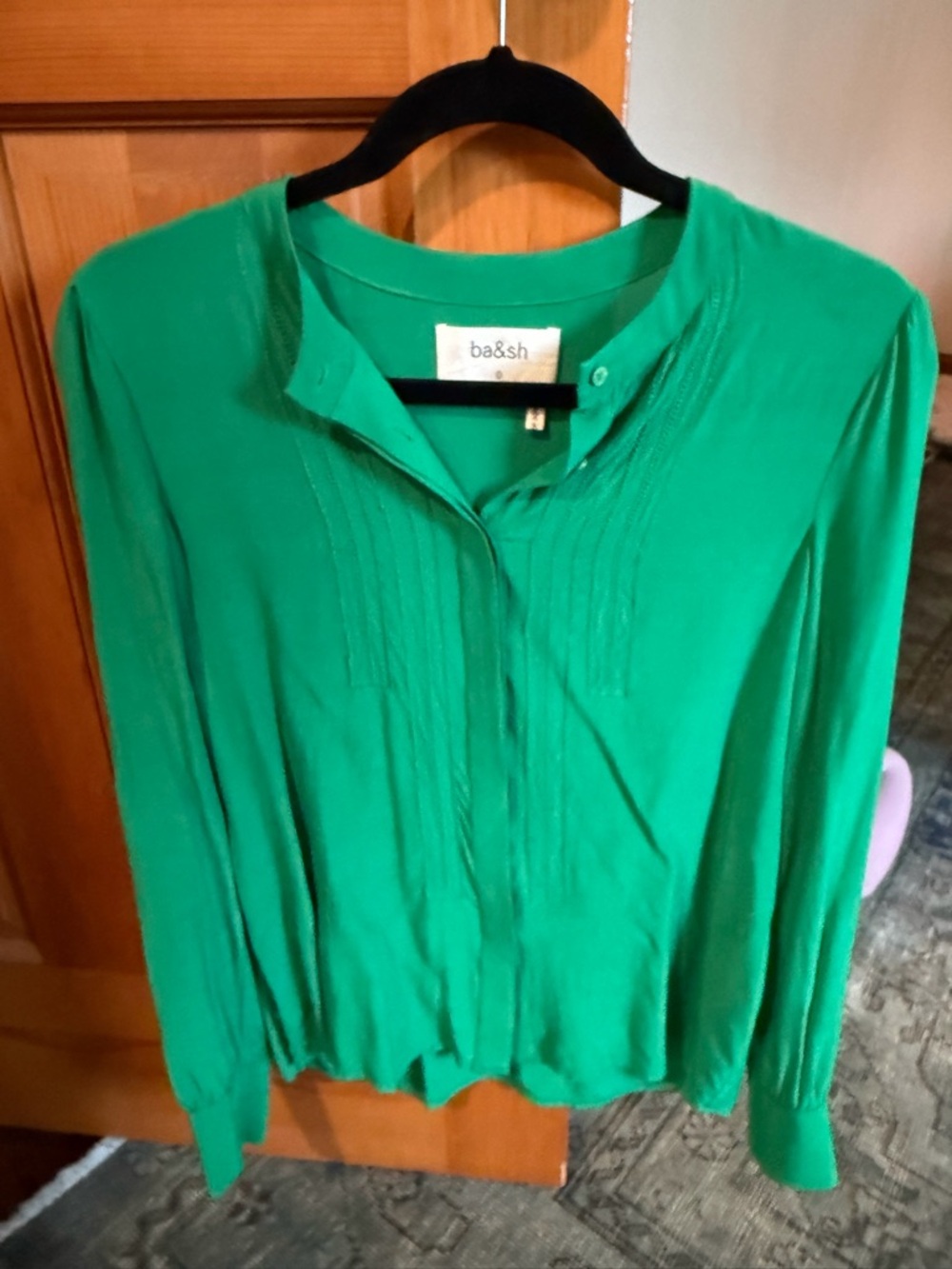 ba&sh Emerald Green Pintuck Button-Down Blouse